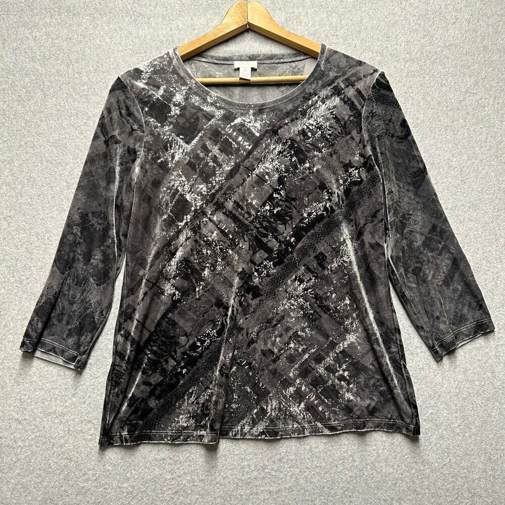 Chicos Women’s Size 1 Medium Velour Top Grey 3/4 Sleeve Blouse Velvet Multicolor